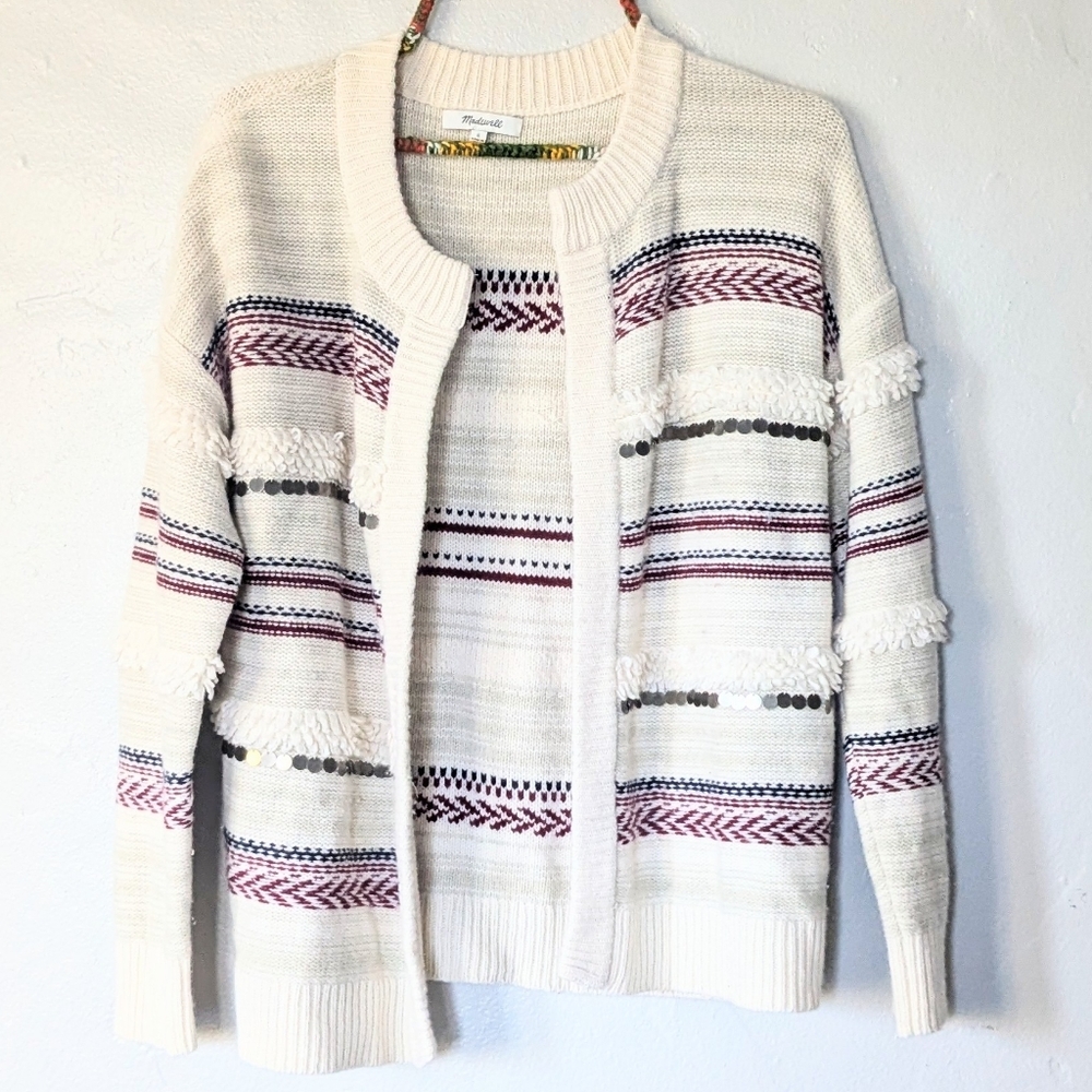 Madewell Paillette-Stripe Knit Wool Nordic Open Front Cardigan Sweater — Size S - Picture 4 of 5
